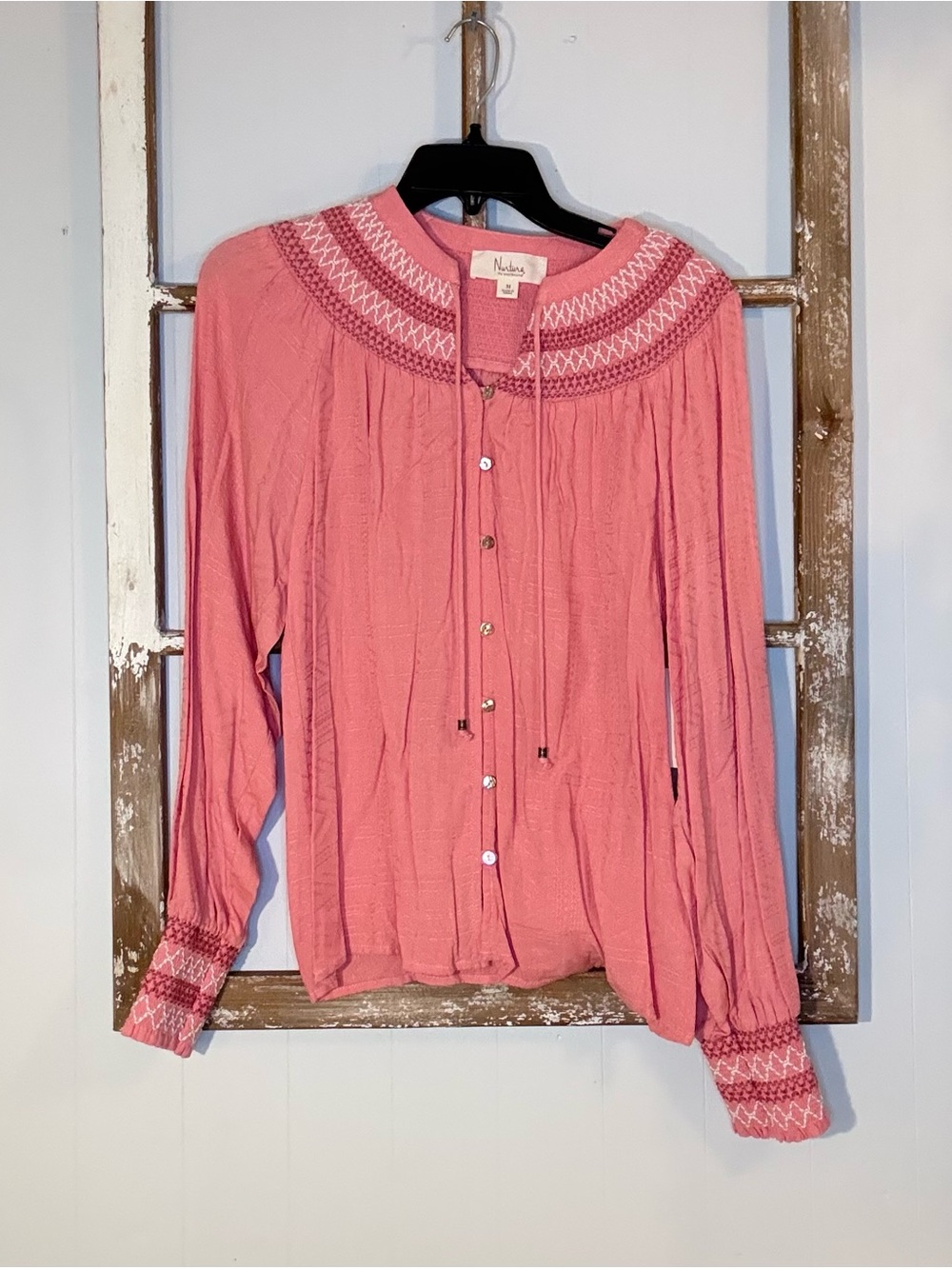 Nurture by Westbound Pink Embroidered Yoke Tie-Neck Button Front Blouse